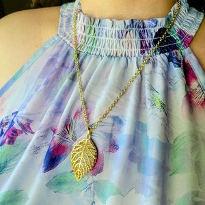 Golden Diamond Crystal Gem 3D Cage Leaf Pendant Chain Necklace